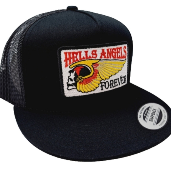 Biker Flat Brim Trucker Mesh Snapback Cap Hat Shovelhead Bobber Hell's Club Gang - Picture 4 of 5